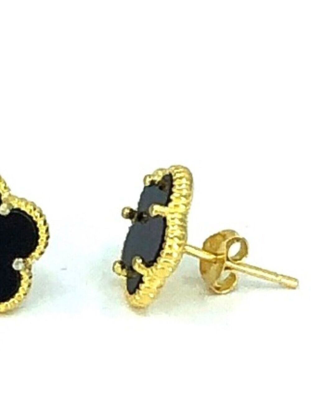 Clover 5 Leave Stud Earrings 18k GP 925 Sterling Silver / Black Onyx - Picture 4 of 6